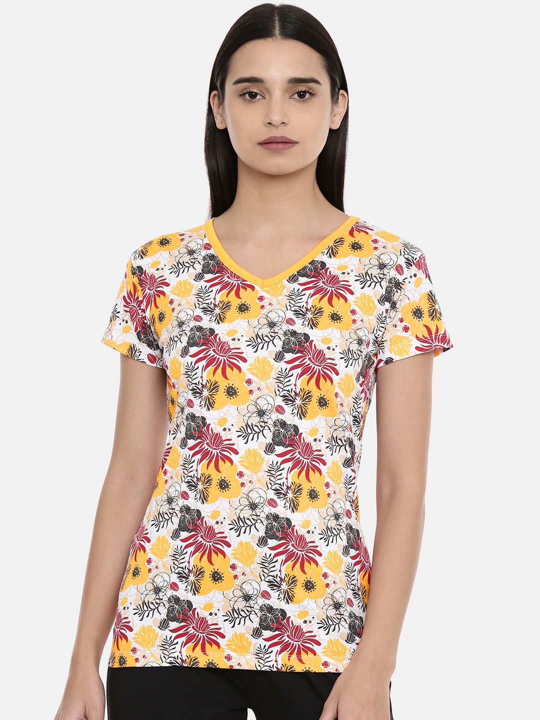 zebu Women Yellow & White Printed V-Neck Lounge T-shirt Price in India