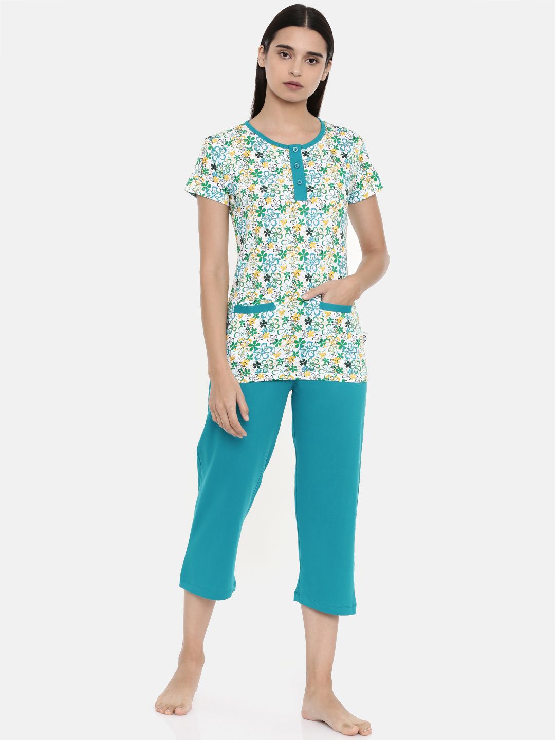 zebu Women White & Teal Blue Printed Night suit Price in India