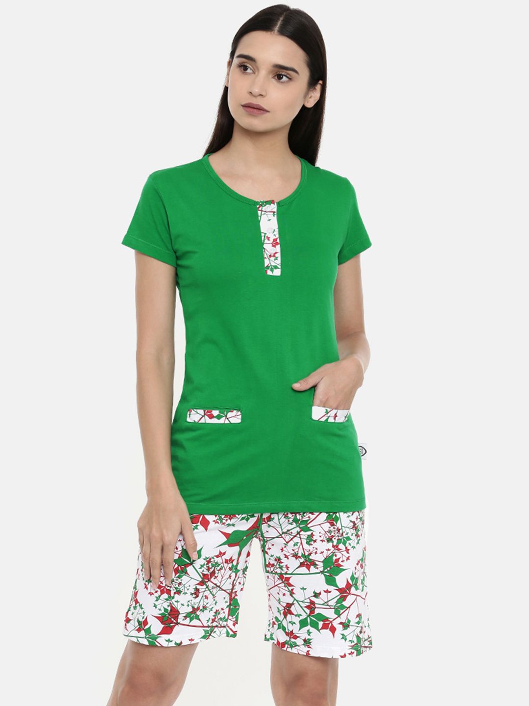 zebu Women Green & White Solid Night suit Price in India