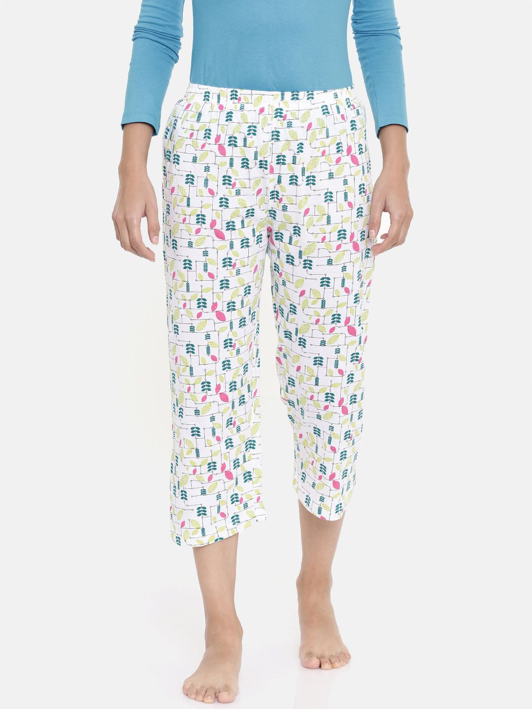 zebu Women White & Green Printed Regular Fit Lounge pants Price in India