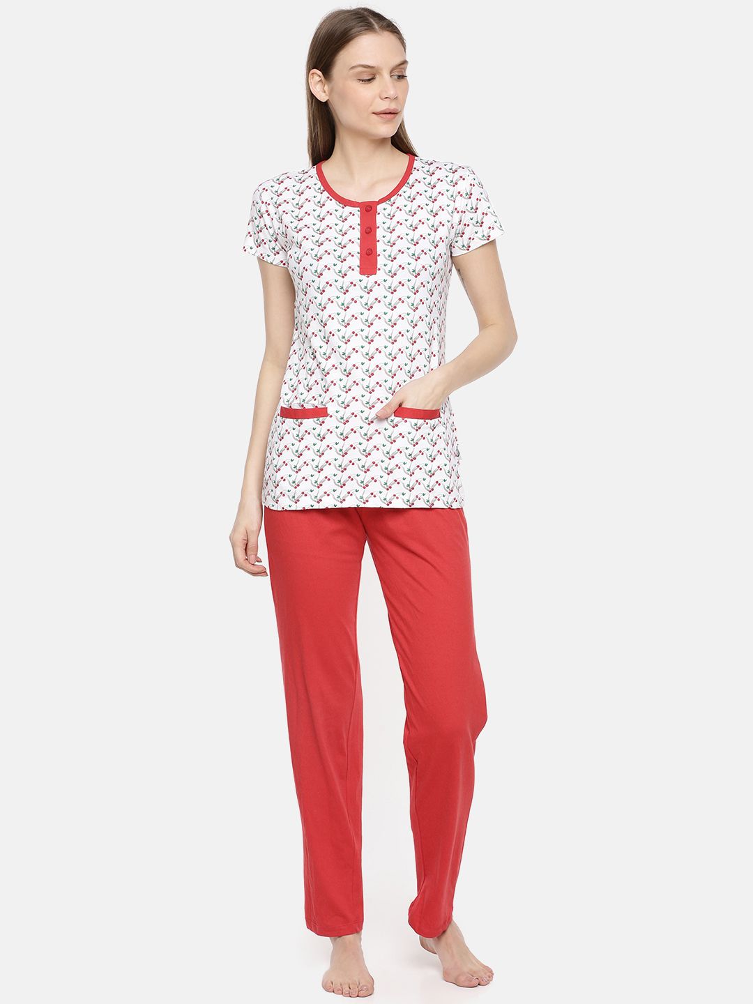 zebu Women Red & White Printed Night suit Price in India