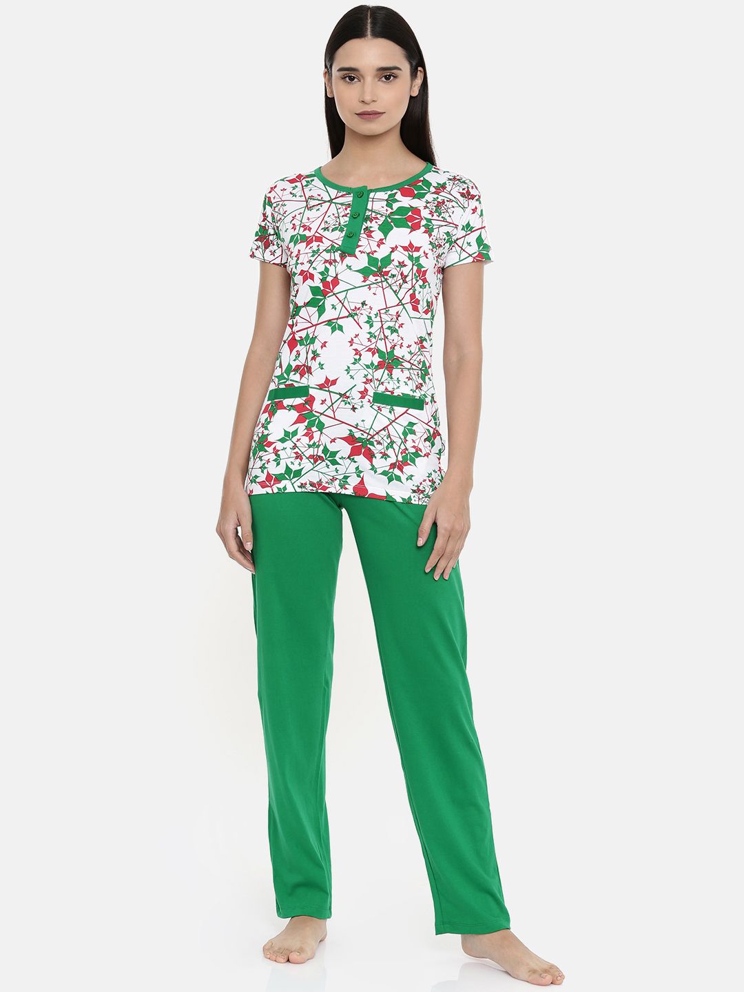 zebu Women Green & White Printed Night suit Price in India