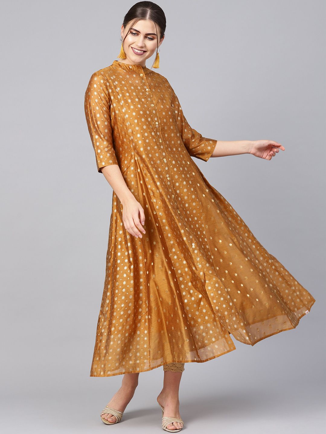 Juniper Women Mustard Brown & Golden Printed Anarkali Layered Kurta Price in India