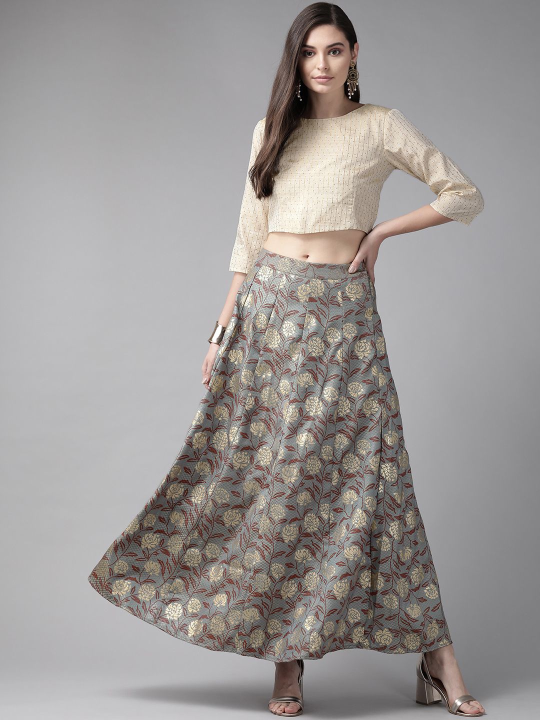 Juniper Grey & Cream-Coloured Ready to Wear Jacquard Lehenga with Blouse