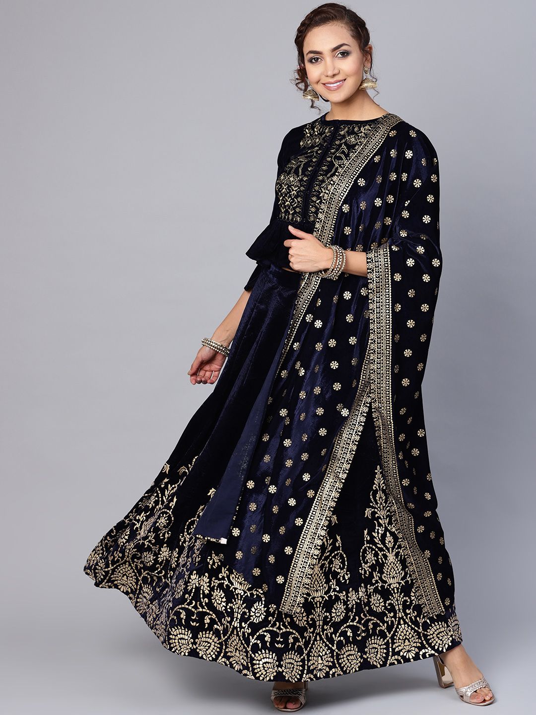 Juniper Navy Blue & Golden Printed Ready to Wear Velvet Lehenga & Blouse with Dupatta