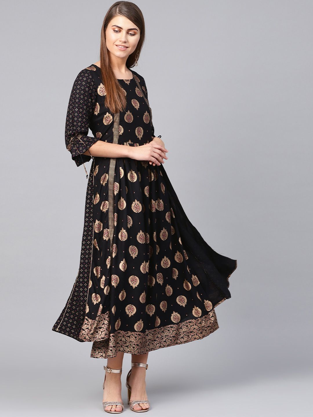 Juniper Women Black & Golden Layered Printed Maxi Dress Price in India