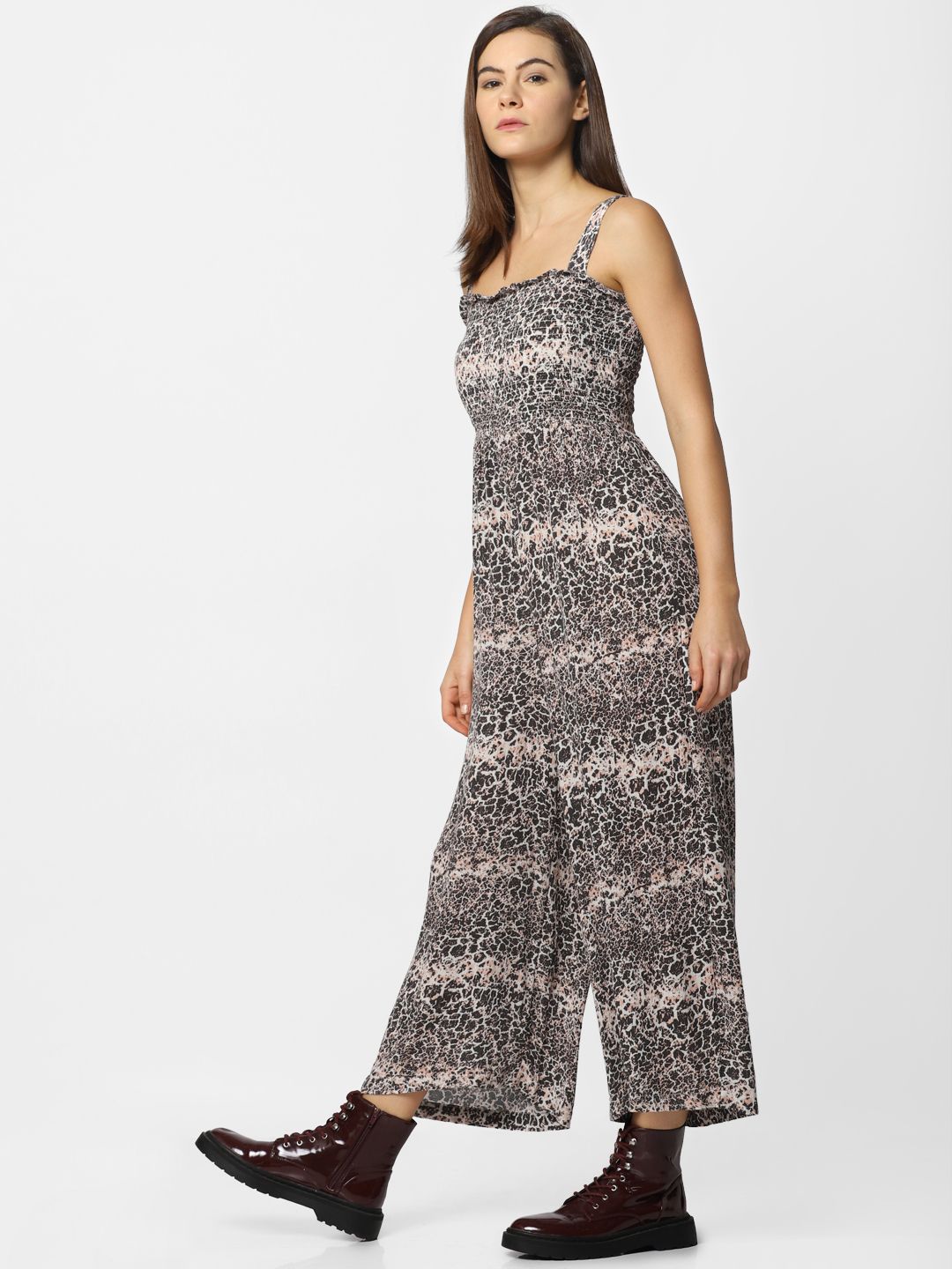 ONLY Women Charcoal Grey & Off-White Printed Basic Jumpsuit Price in India