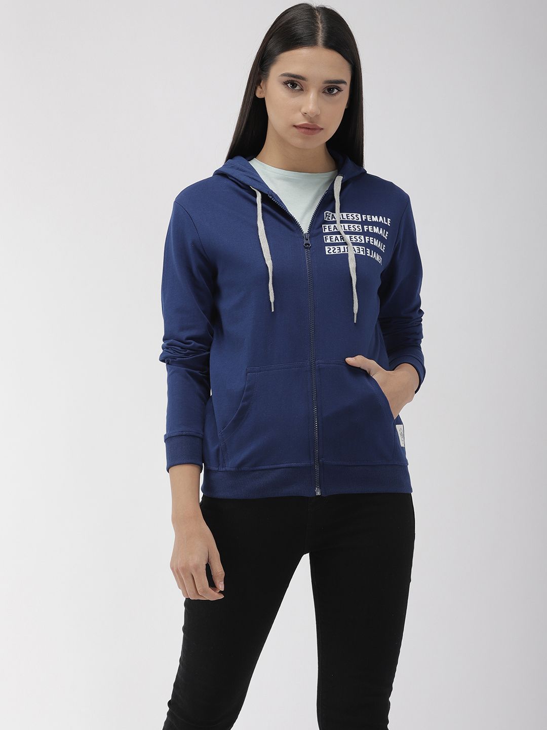 Flying Machine Women Navy Blue Printed Hooded Sweatshirt Price in India