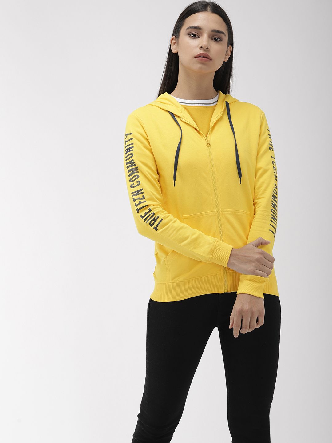 Flying Machine Women Yellow Solid Hooded Sweatshirt Price in India
