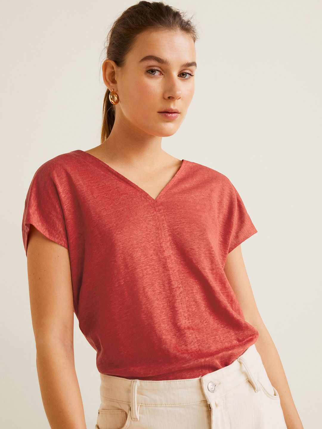 MANGO Women Rust Red Linen Solid V-Neck T-shirt