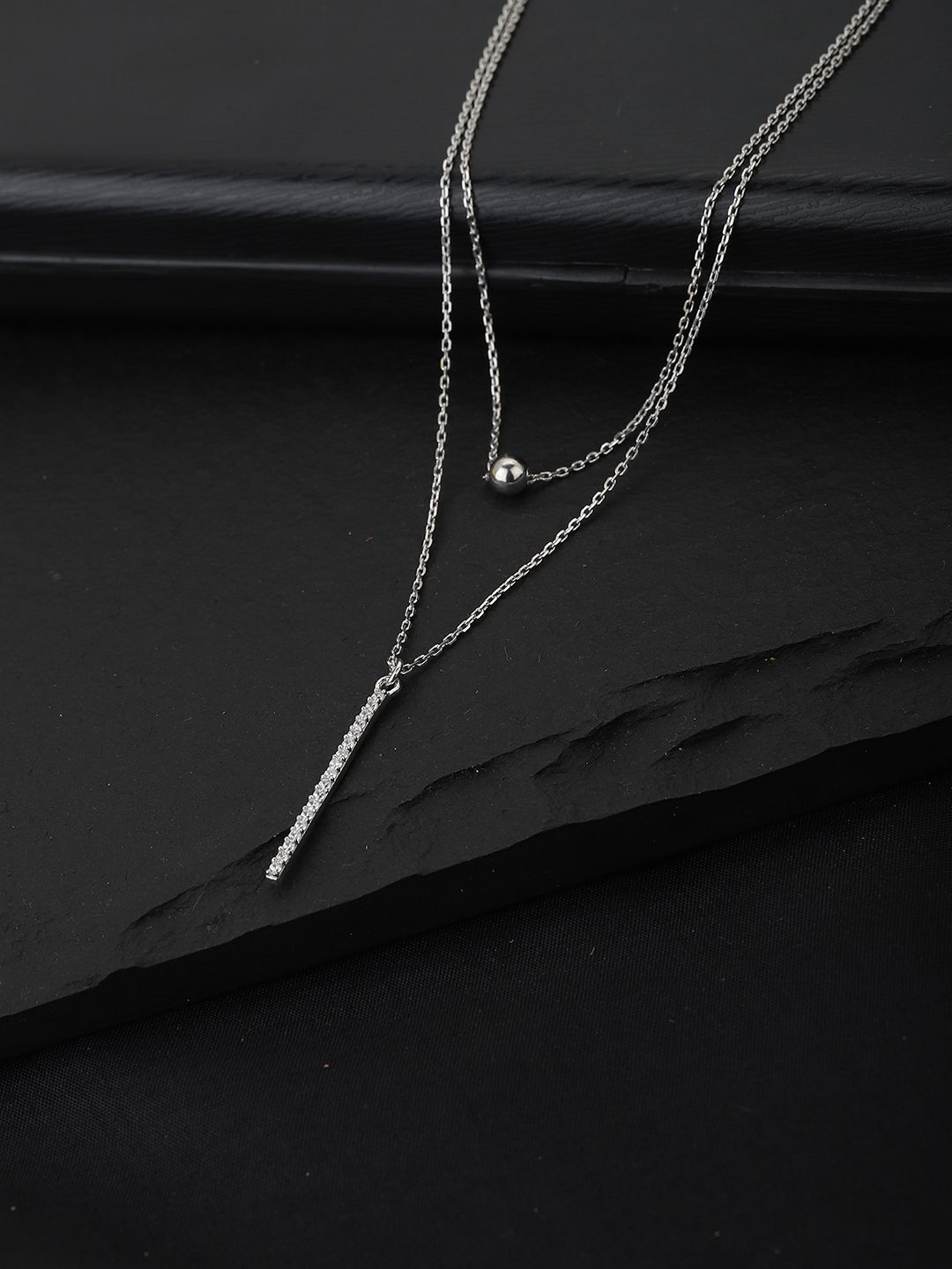 Carlton London Silver-Toned Rhodium-Plated CZ Studded Layered Lariat Necklace Price in India