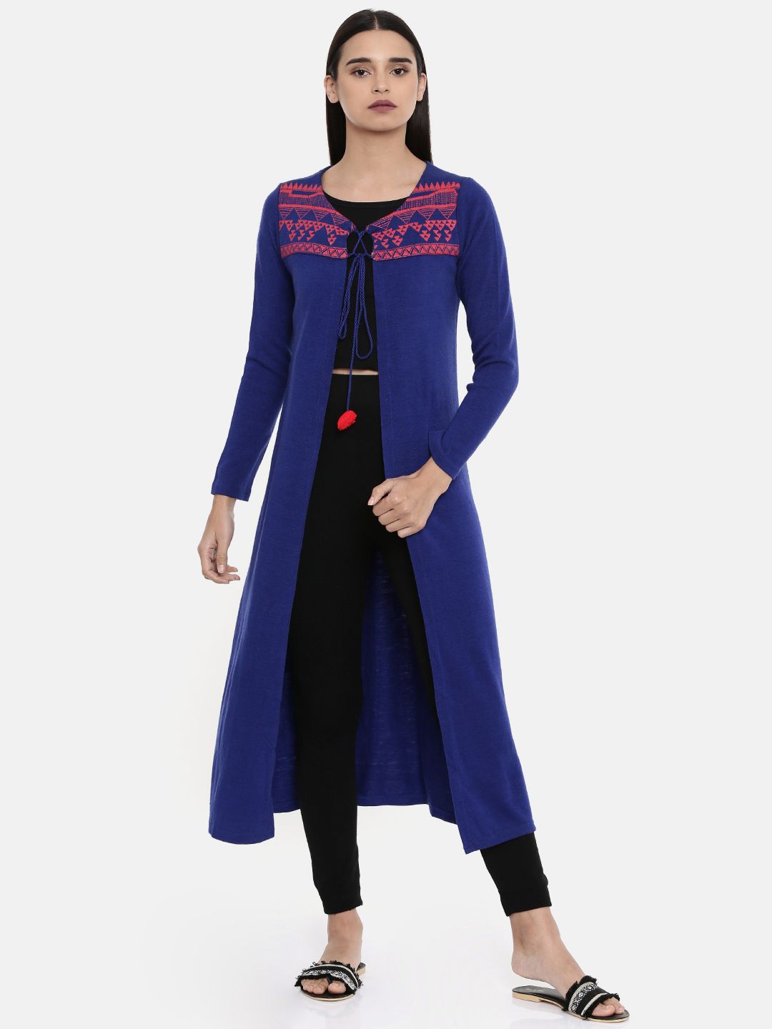 Global Desi Women Blue Printed Tie-Up Shrug Price in India