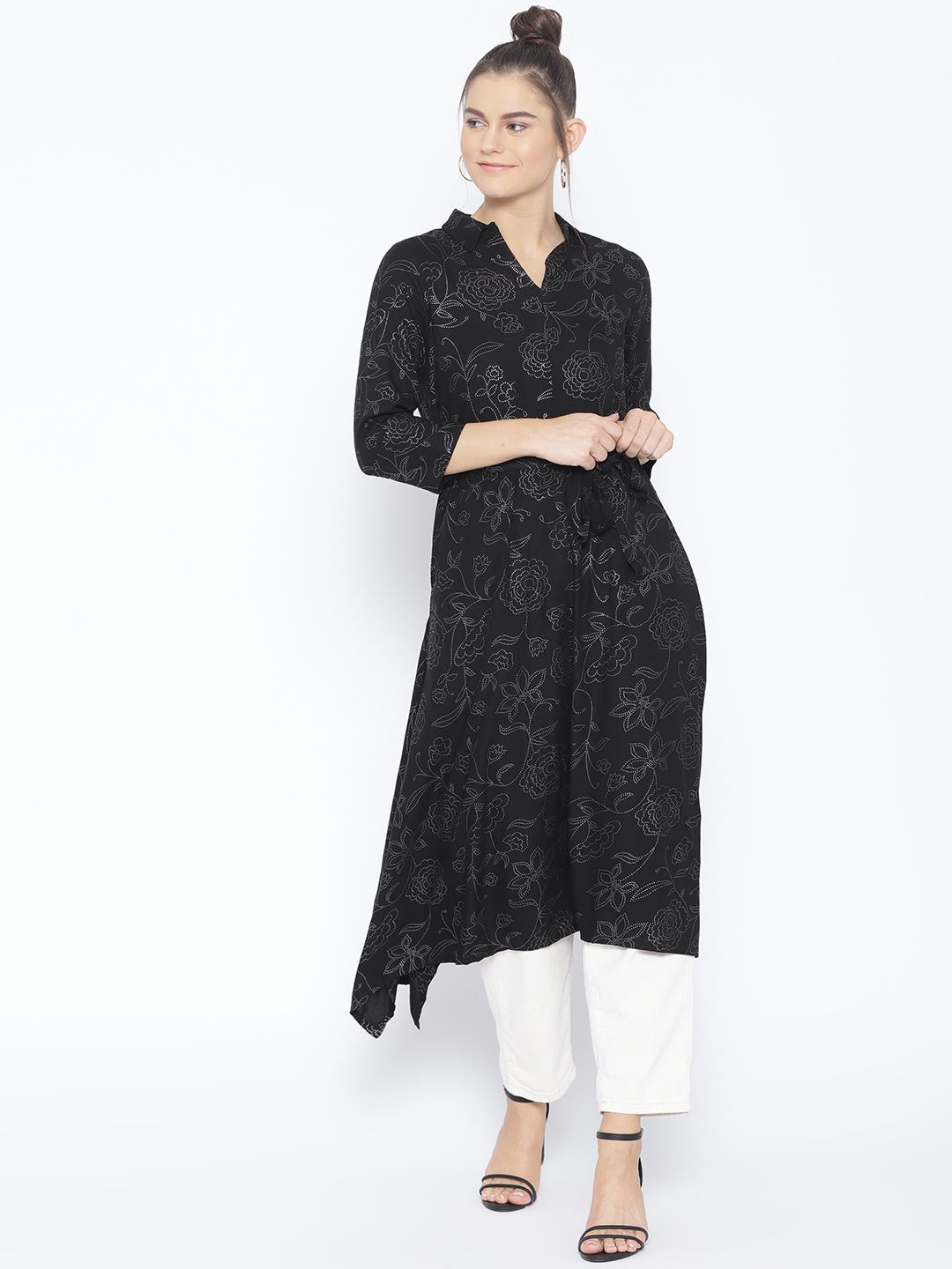 AND Women Black & Silver Printed A-Line Tunic Price in India