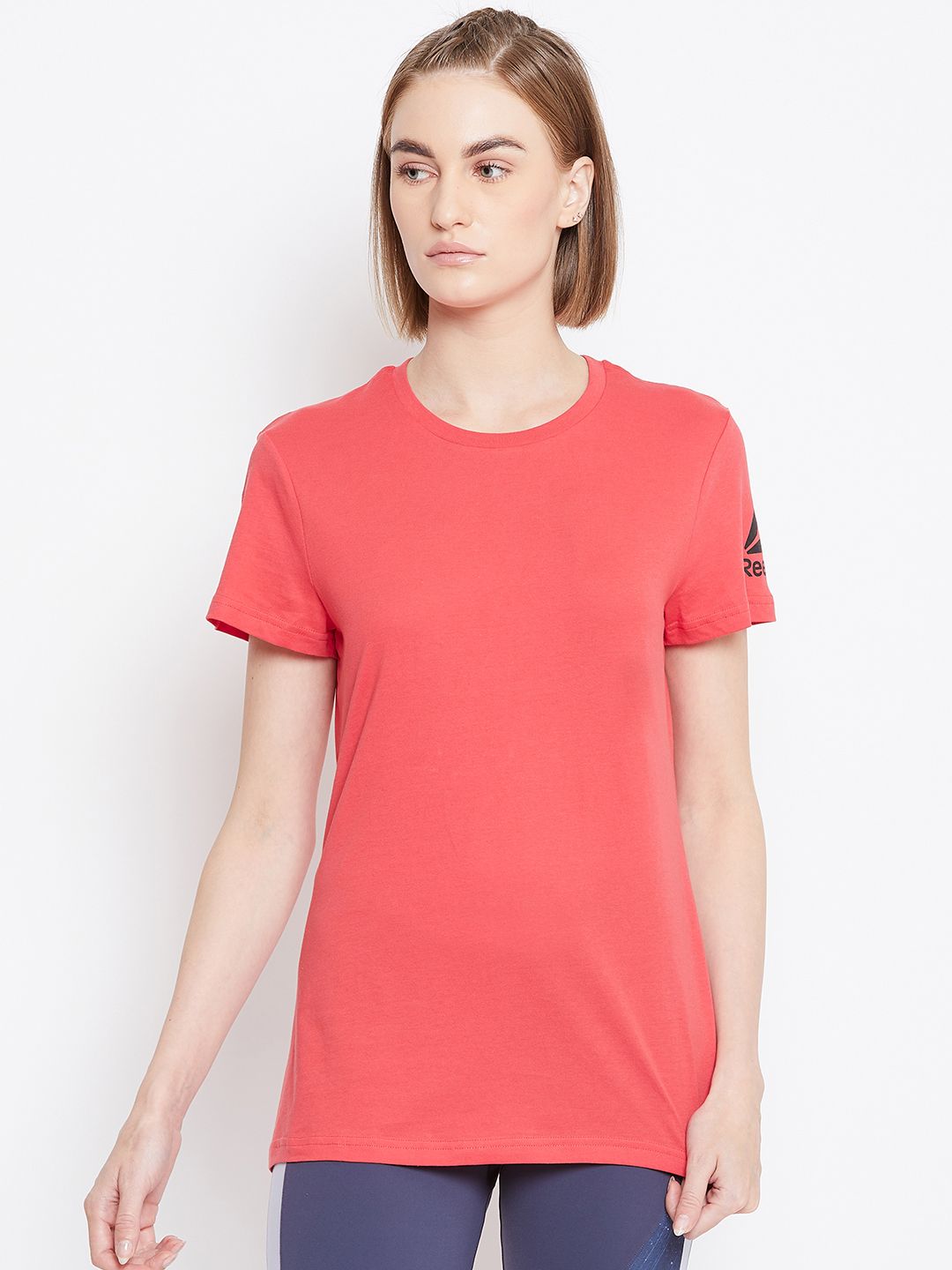 Reebok Women Coral Red WOR COMM Training Pure Cotton T-shirt Price in India