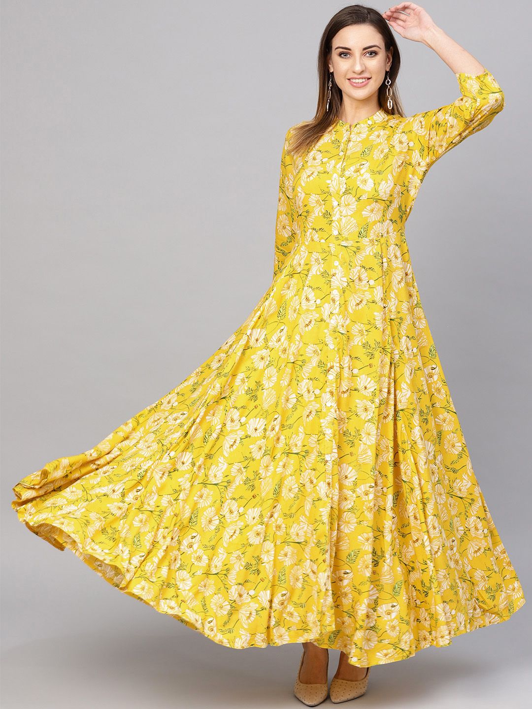 Divena Women Yellow & Green Printed A-Line Kurta Price in India