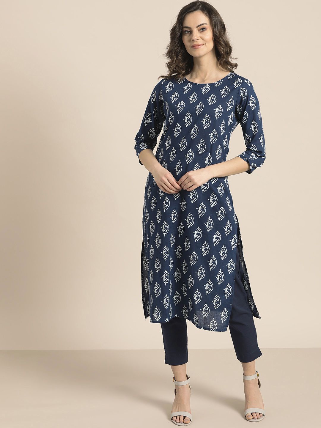 Sangria Women Navy Blue & Off-White Printed Kurta with Trousers Price in India