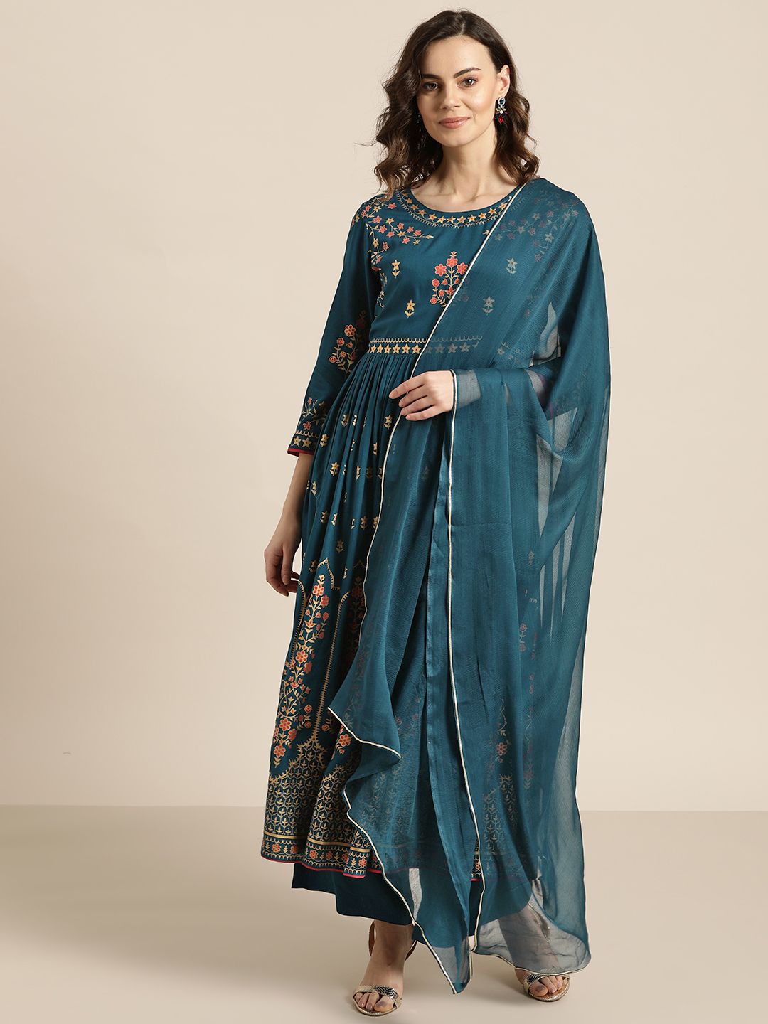 Sangria Women Teal  Blue & Golden Printed Kurta with Palazzos with Dupatta Price in India