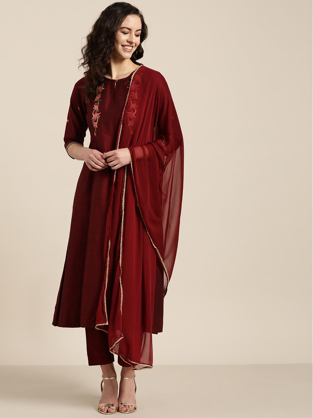 Sangria Women Maroon Solid Kurta with Trousers & Dupatta Price in India