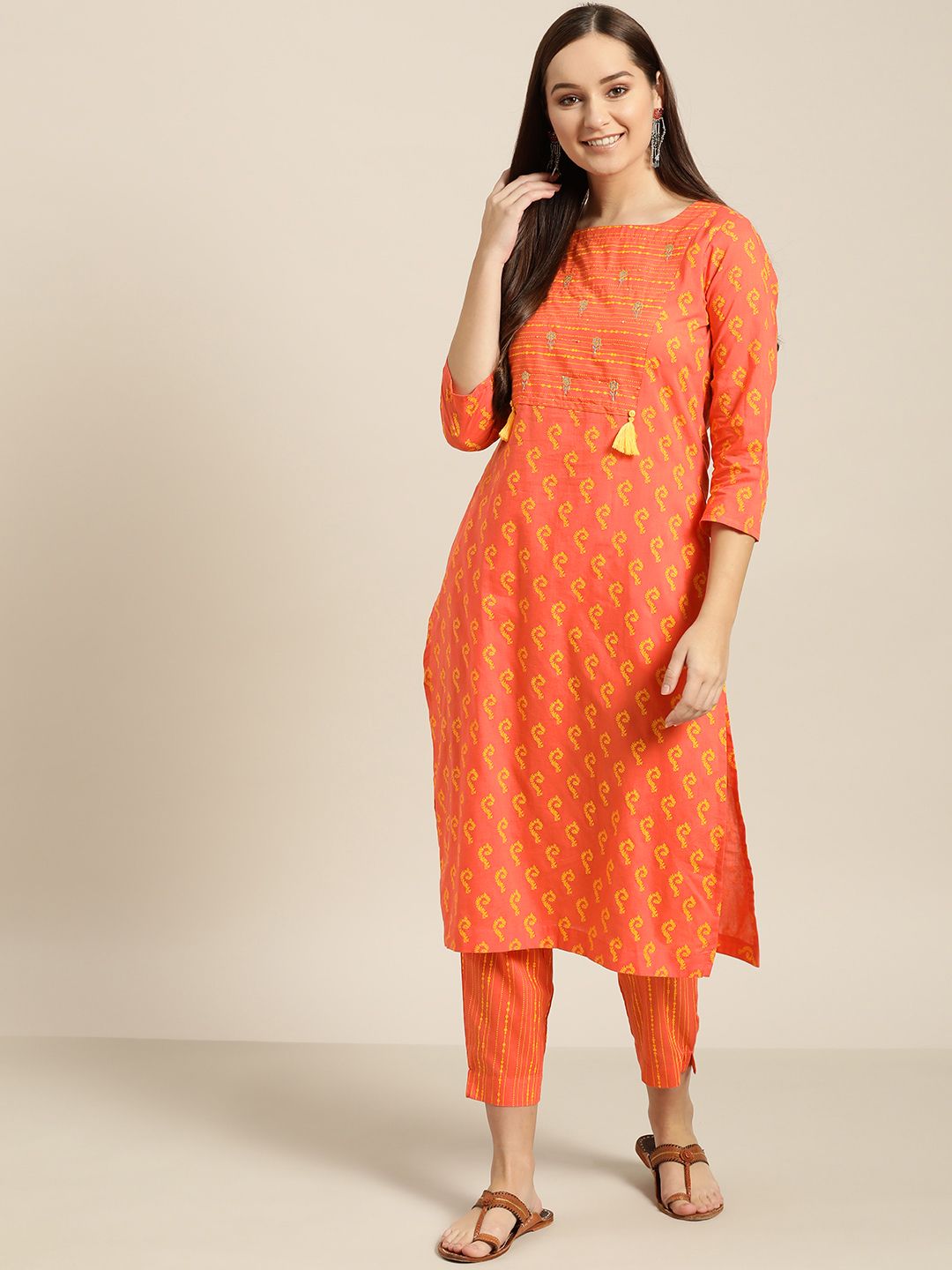 Sangria Women Orange & Yellow Printed Kurta with Trousers Price in India