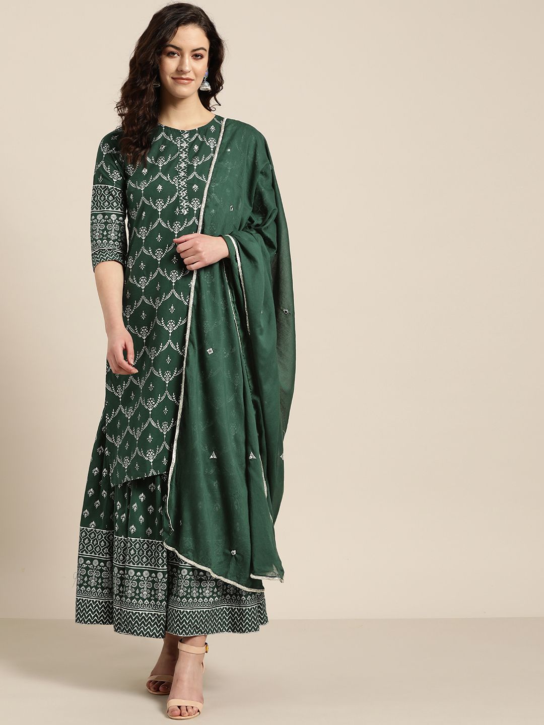 Sangria Women Green & Off-White Printed Kurta with Palazzos & Dupatta Price in India