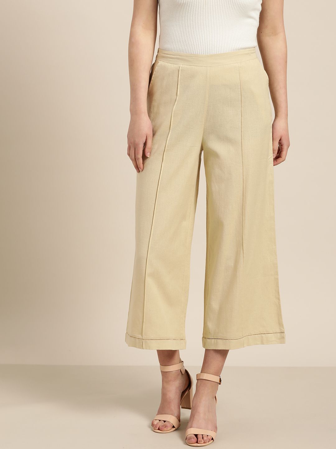 Sangria Women Beige Solid Straight Cropped Palazzos Price in India