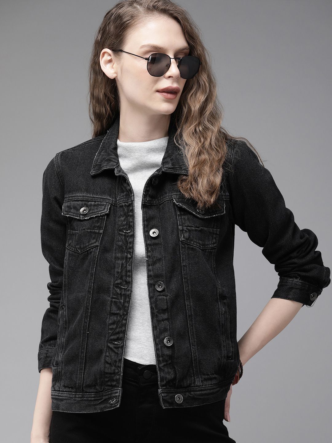 The Roadster Lifestyle Co Women Black Solid Denim Jacket Price in India