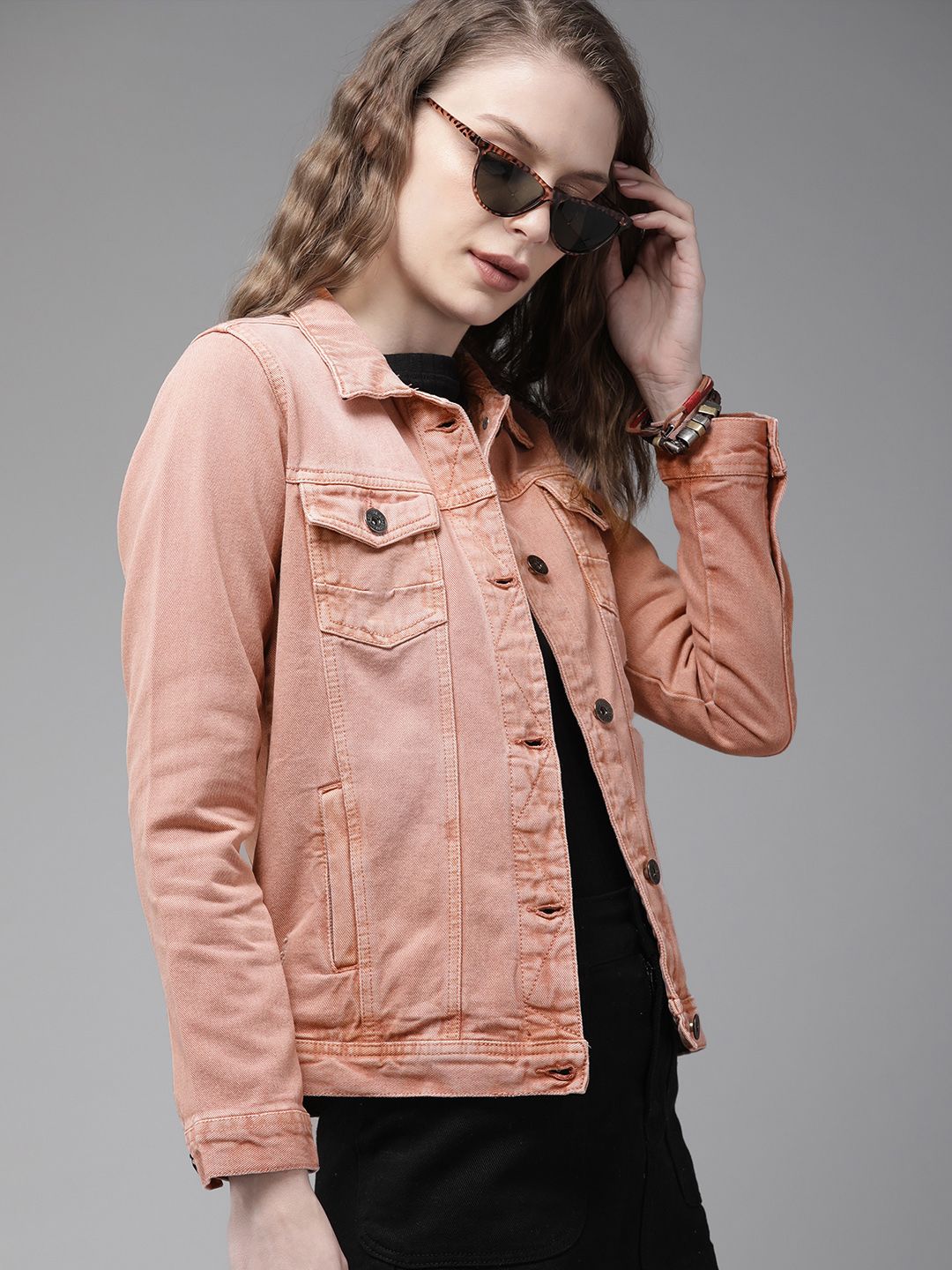 The Roadster Lifestyle Co Women Peach-Coloured Solid Trucker Denim Jacket Price in India