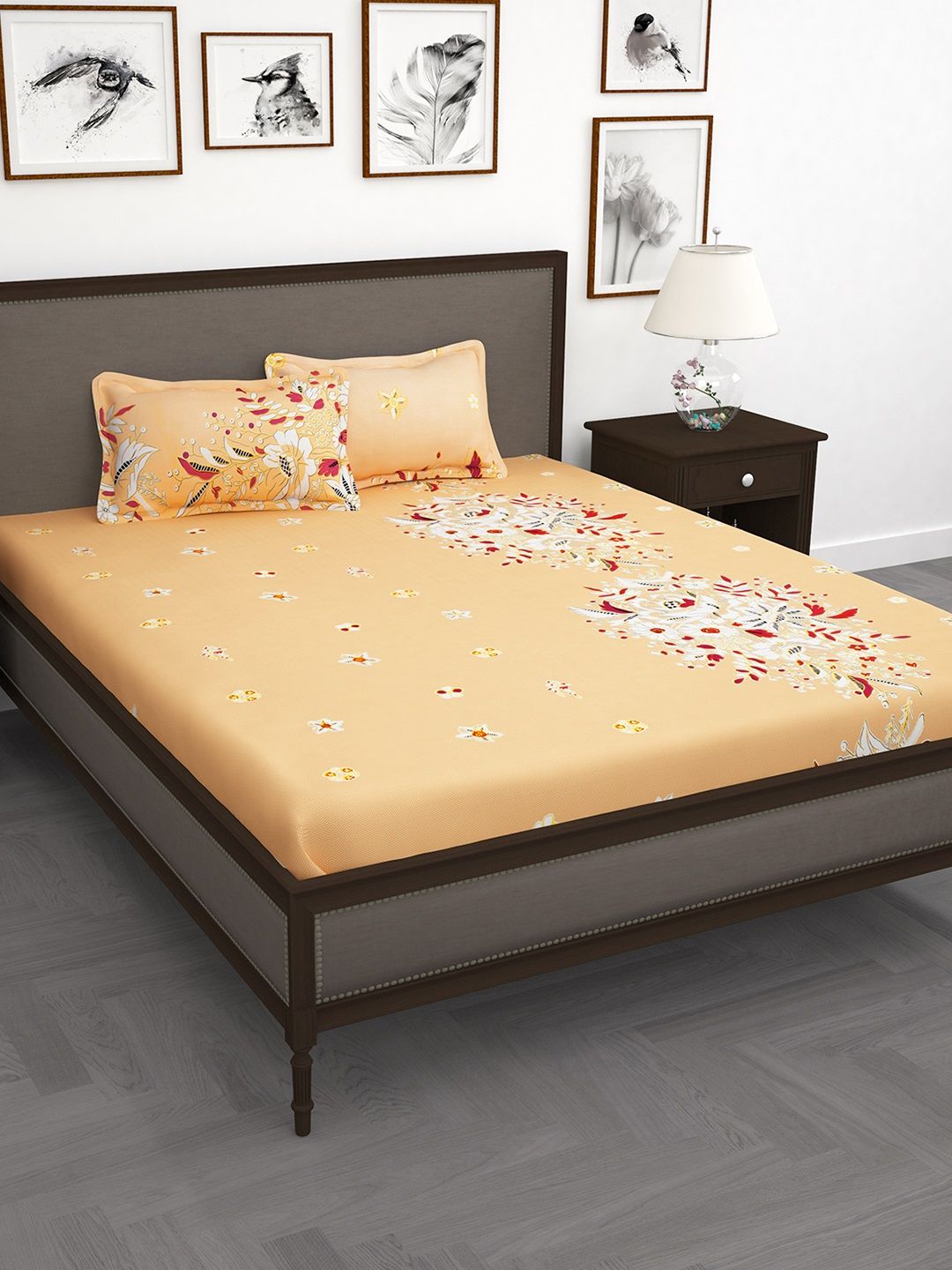 Story@home Orange & Peach-Coloured Floral 240 TC 1 Double Bedsheet with 2 Pillow Covers Price in India