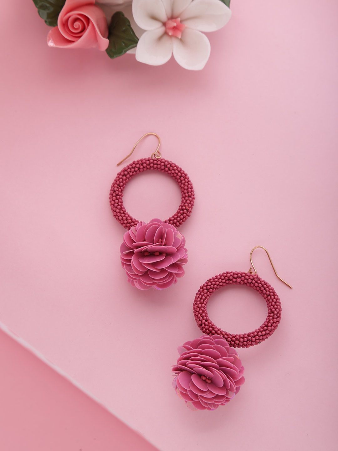 PRITA Pink Sequinned Handcrafted Circular Drop Earrings Price in India