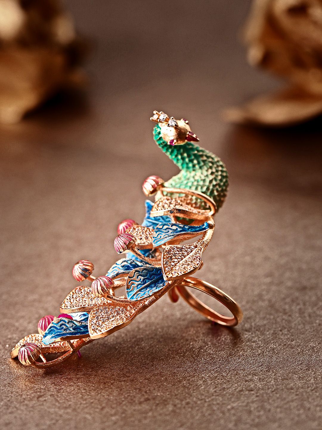 Priyaasi Green Rose Gold-Plated AD Peacock Shaped Hand Painted Adjustable Finger Ring Price in India