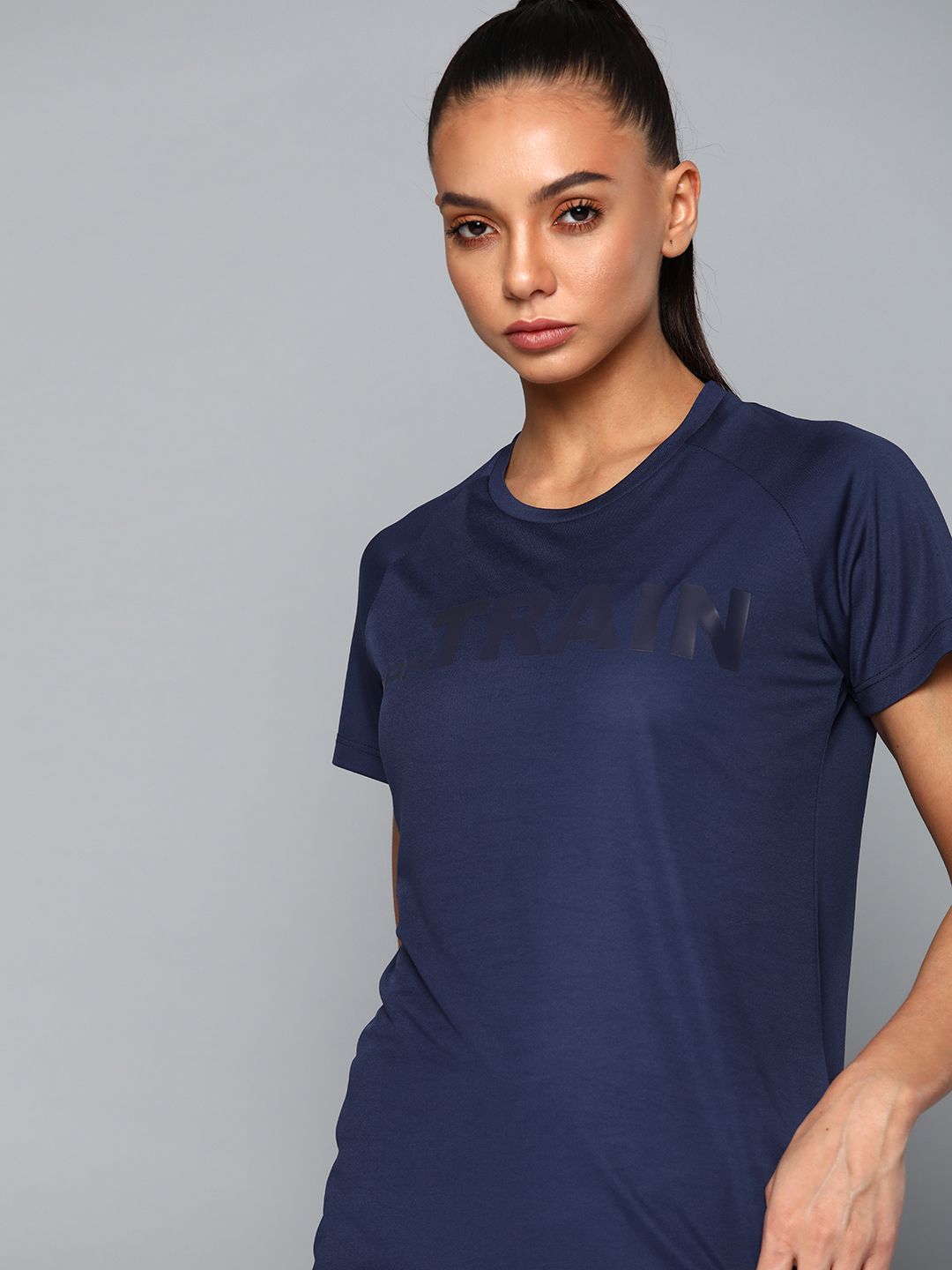 HRX by Hrithik Roshan Women Navy Blue Solid Rapid Dry Training Tshirt Price in India