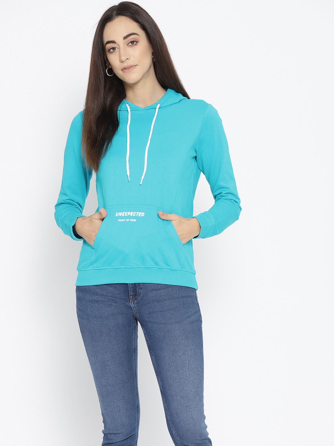 Flying Machine Women Turquoise Blue Solid Hooded Sweatshirt Price in India