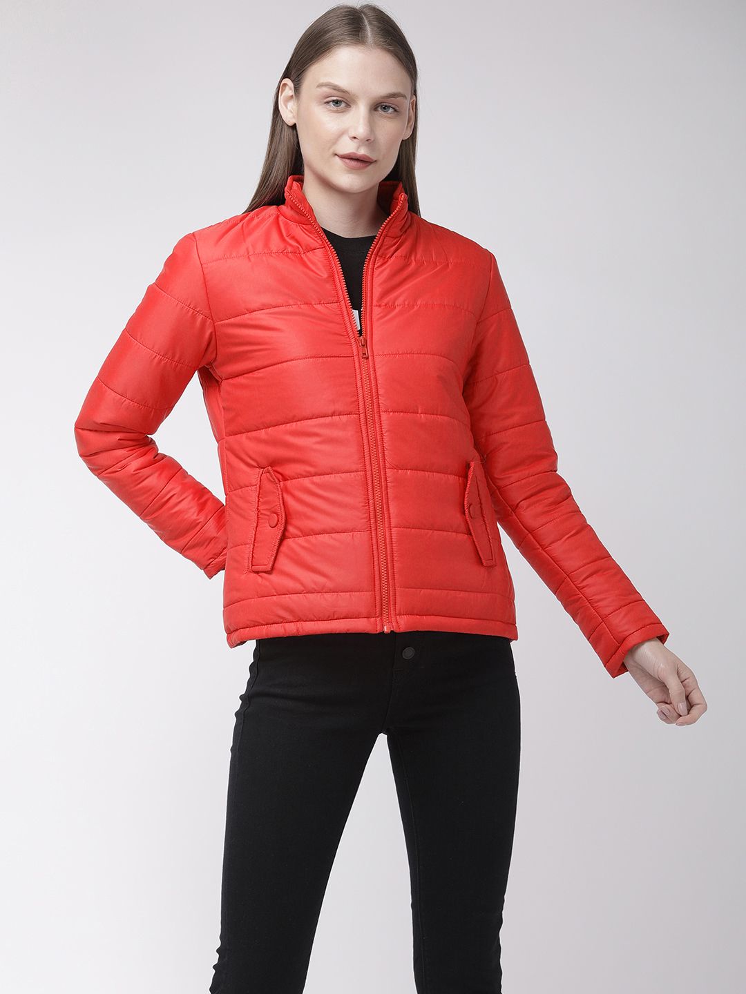 Flying Machine Women Red Solid Puffer Jacket Price in India
