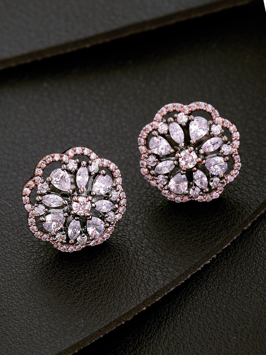 Priyaasi Rose Gold-Toned Gunmetal-Plated Stone-Studded Handcrafted Floral Studs Price in India