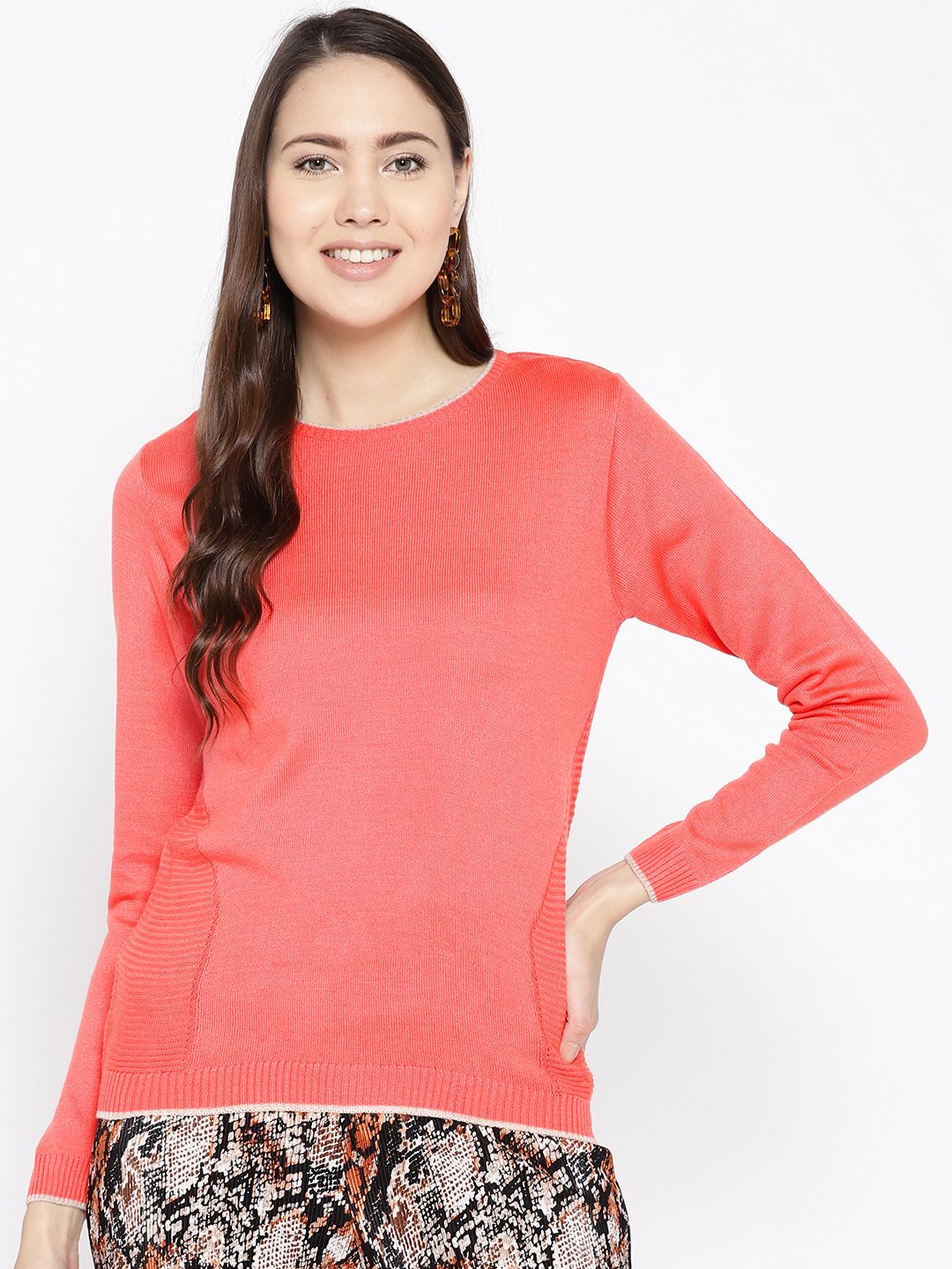 Cayman Women Coral Pink Solid Sweater Price in India