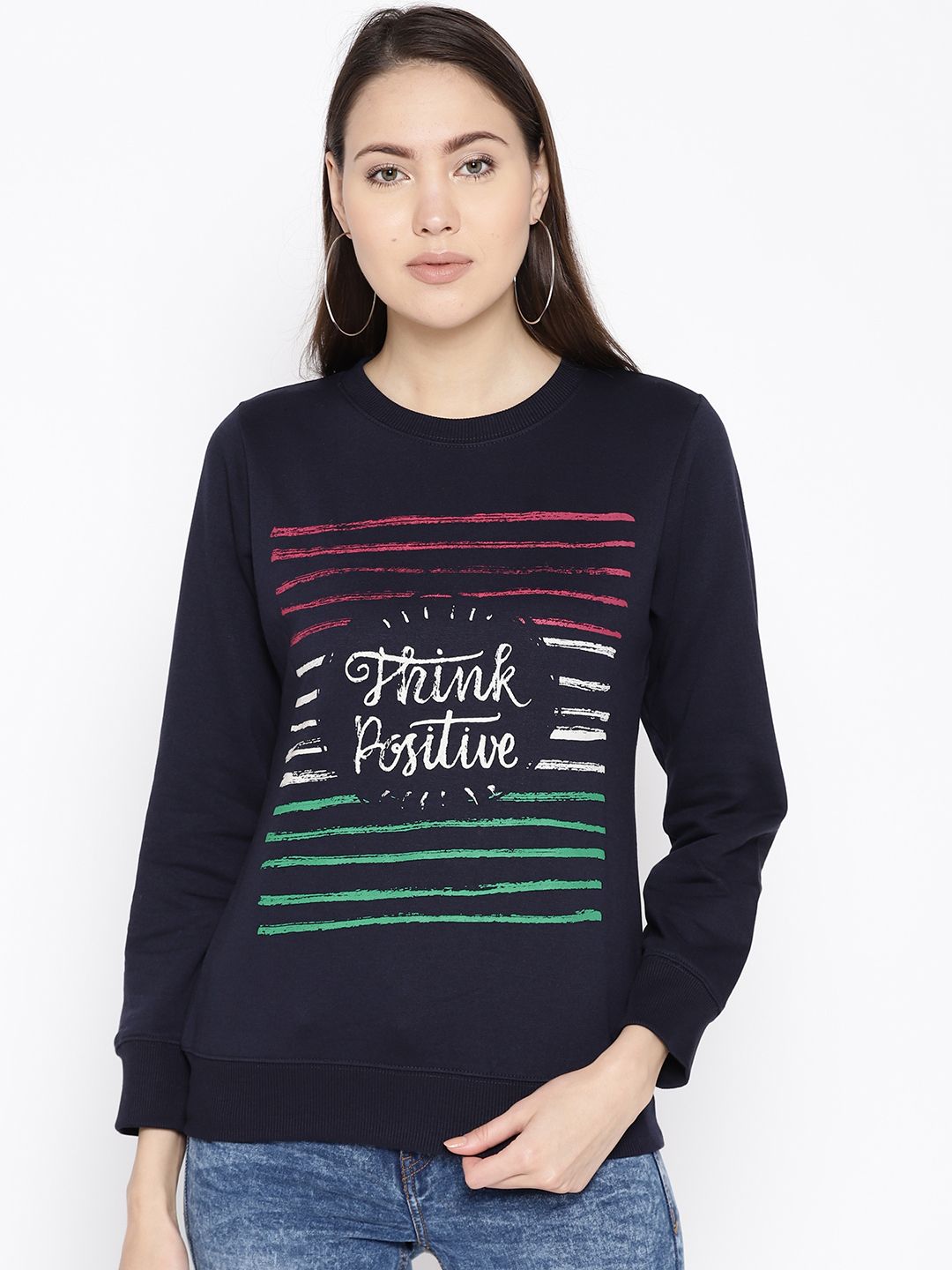 Cayman Women Navy Blue Striped Sweatshirt Price in India