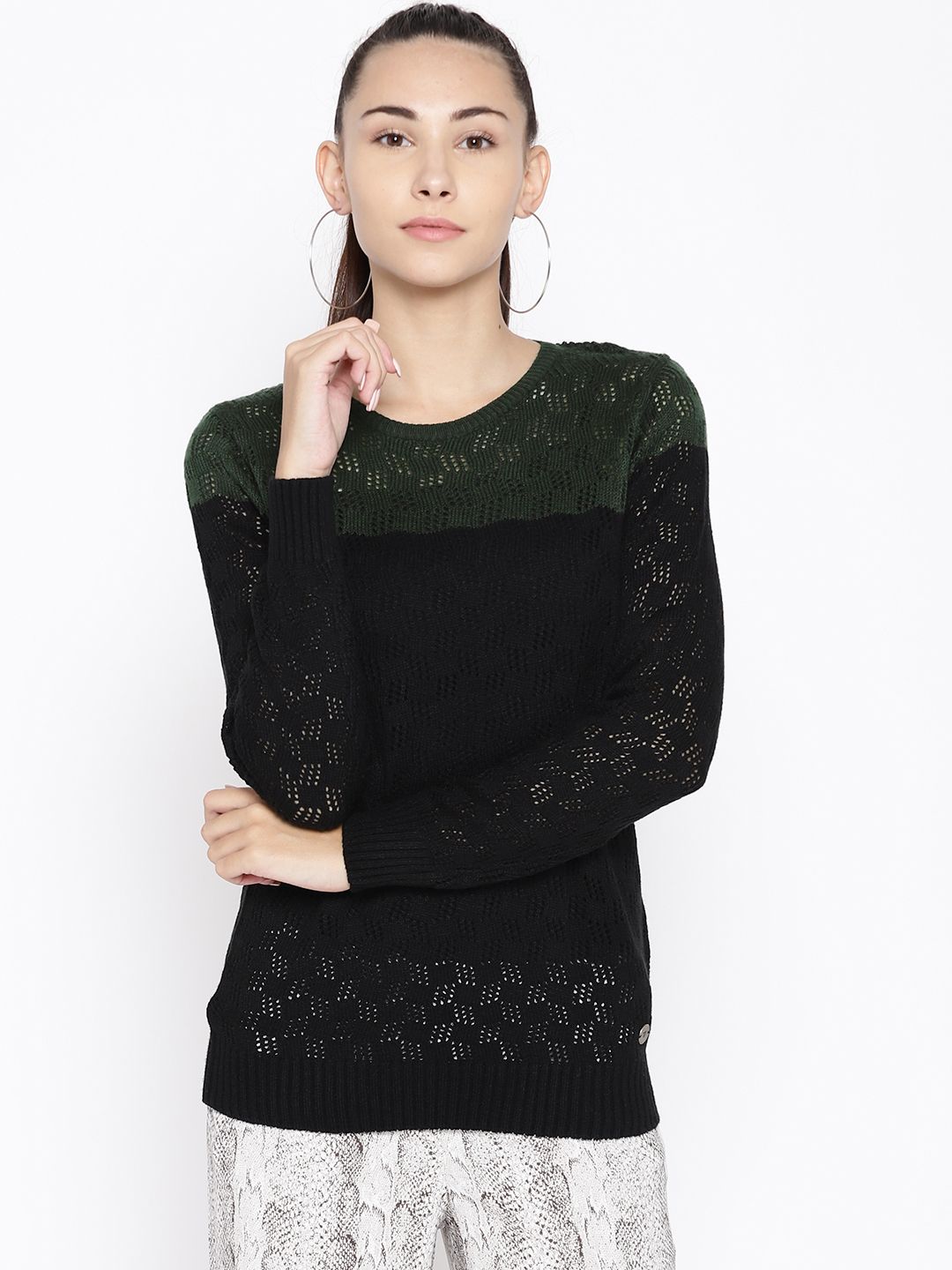 Cayman Women Black & Green Self-Design Sweater Price in India