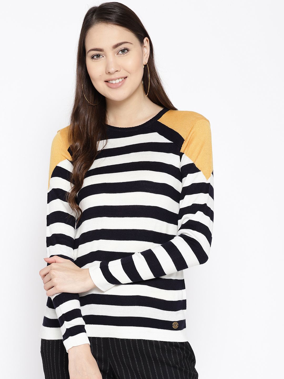 Cayman Women Off-White & Black Striped Sweater Price in India