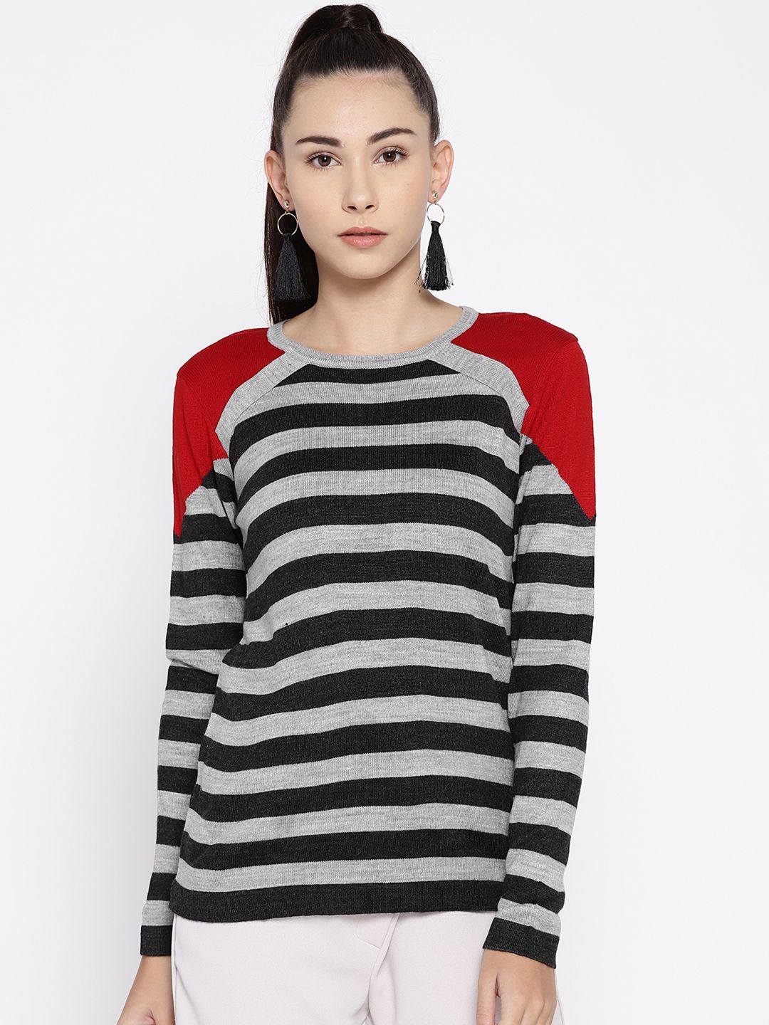 Cayman Women Grey Melange & Black Striped Sweater Price in India