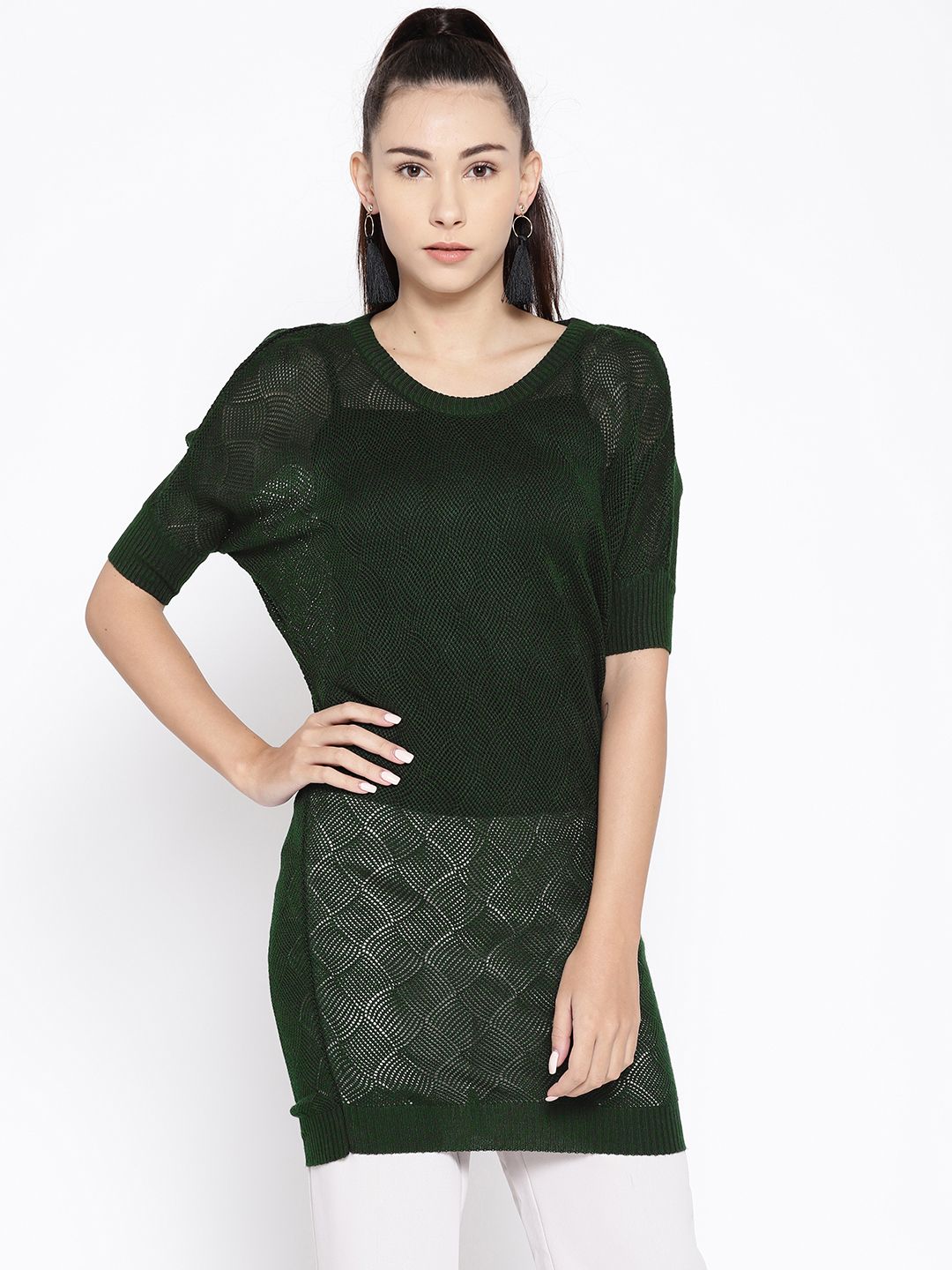 Cayman Women Olive Green Open Knit Woollen Longline Sweater Price in India