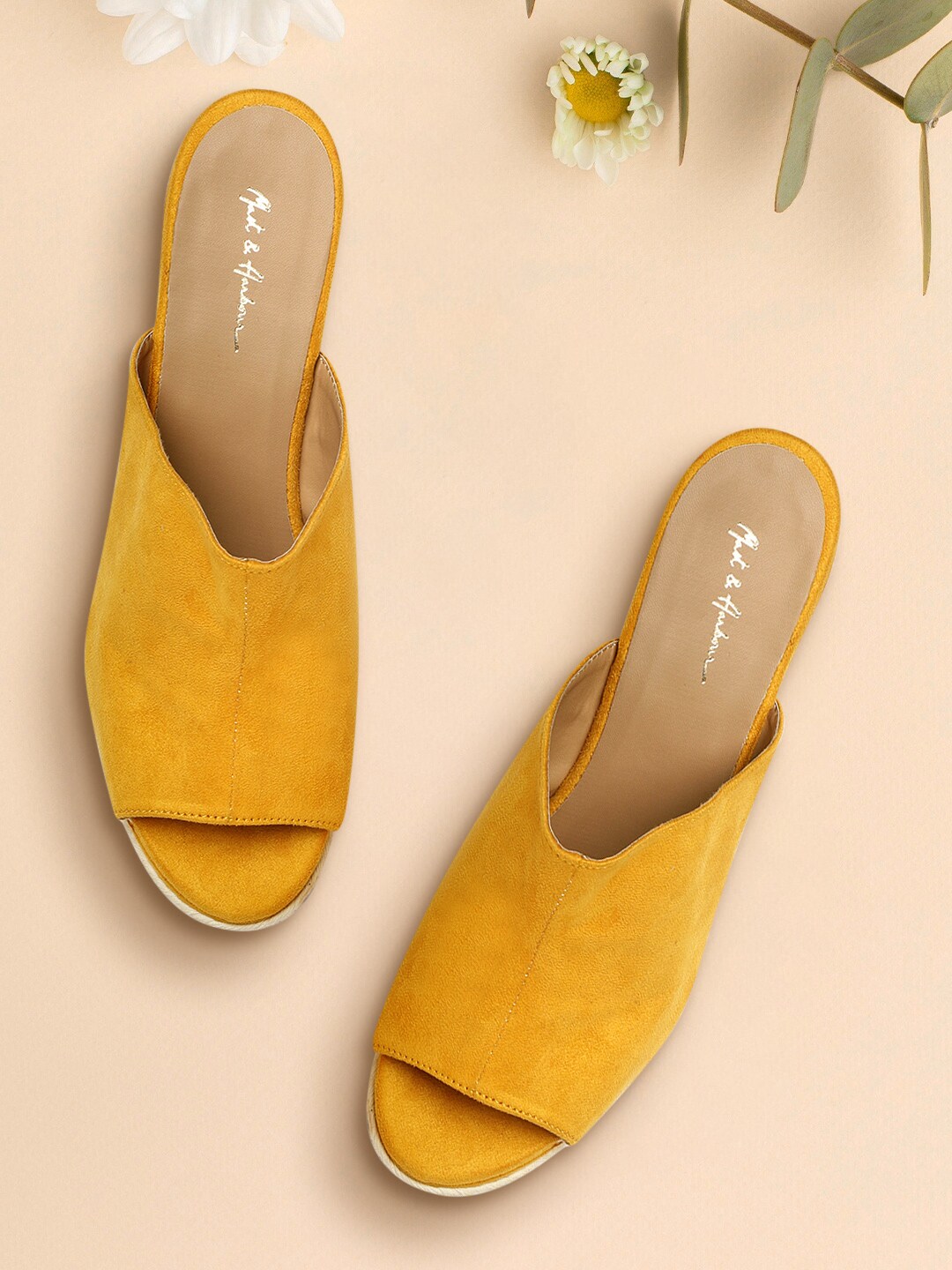 Mast & Harbour Women Mustard Yellow Solid Mules Price in India