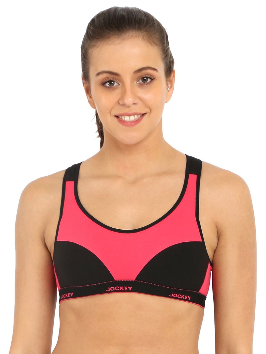 Jockey Pink & Black Colourblocked Non-Wired Lightly Padded Sports Bra Price in India