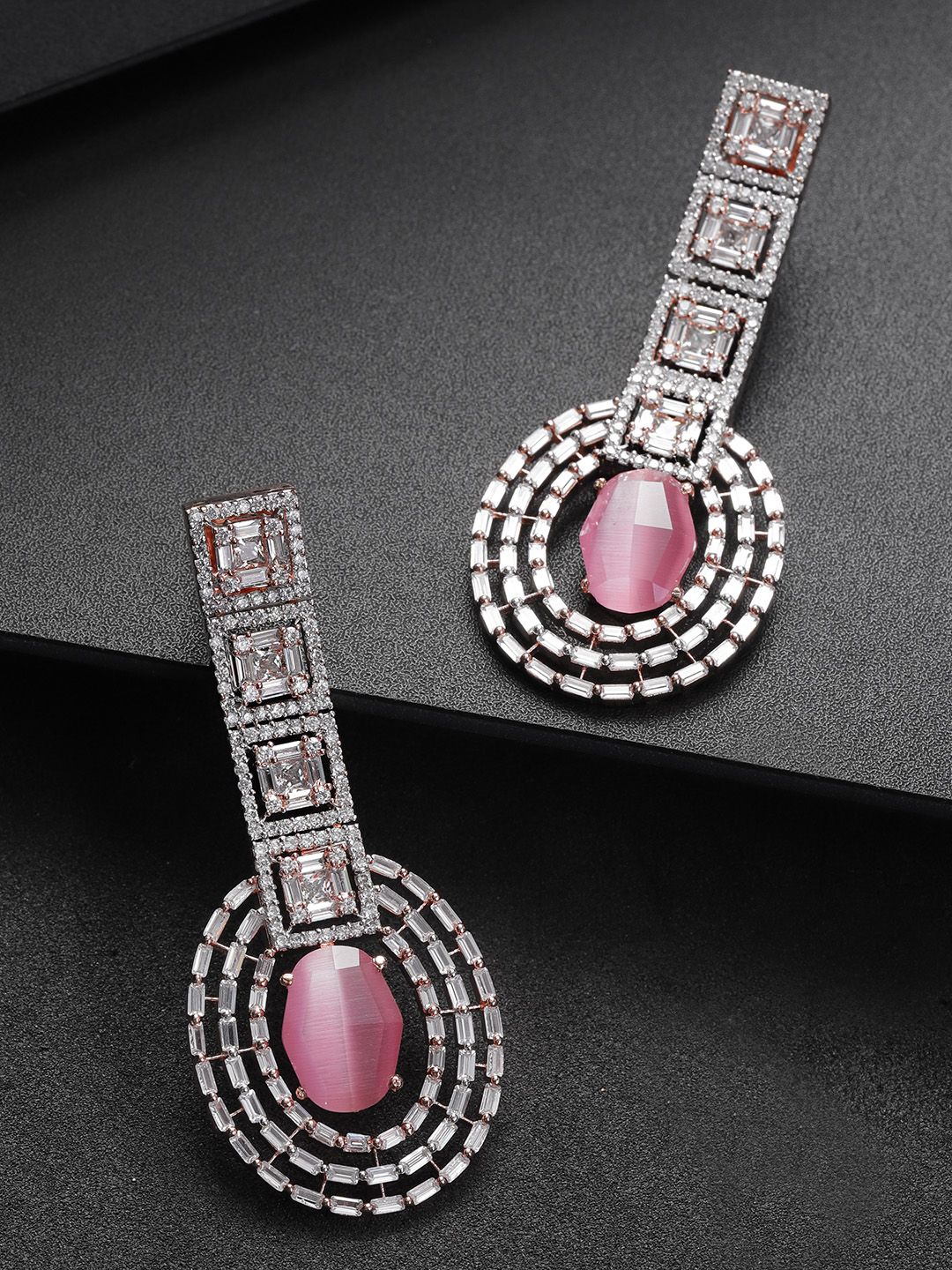 Priyaasi Pink Rose Gold-Plated CZ & AD-Studded Handcrafted Oval Drop Earrings Price in India