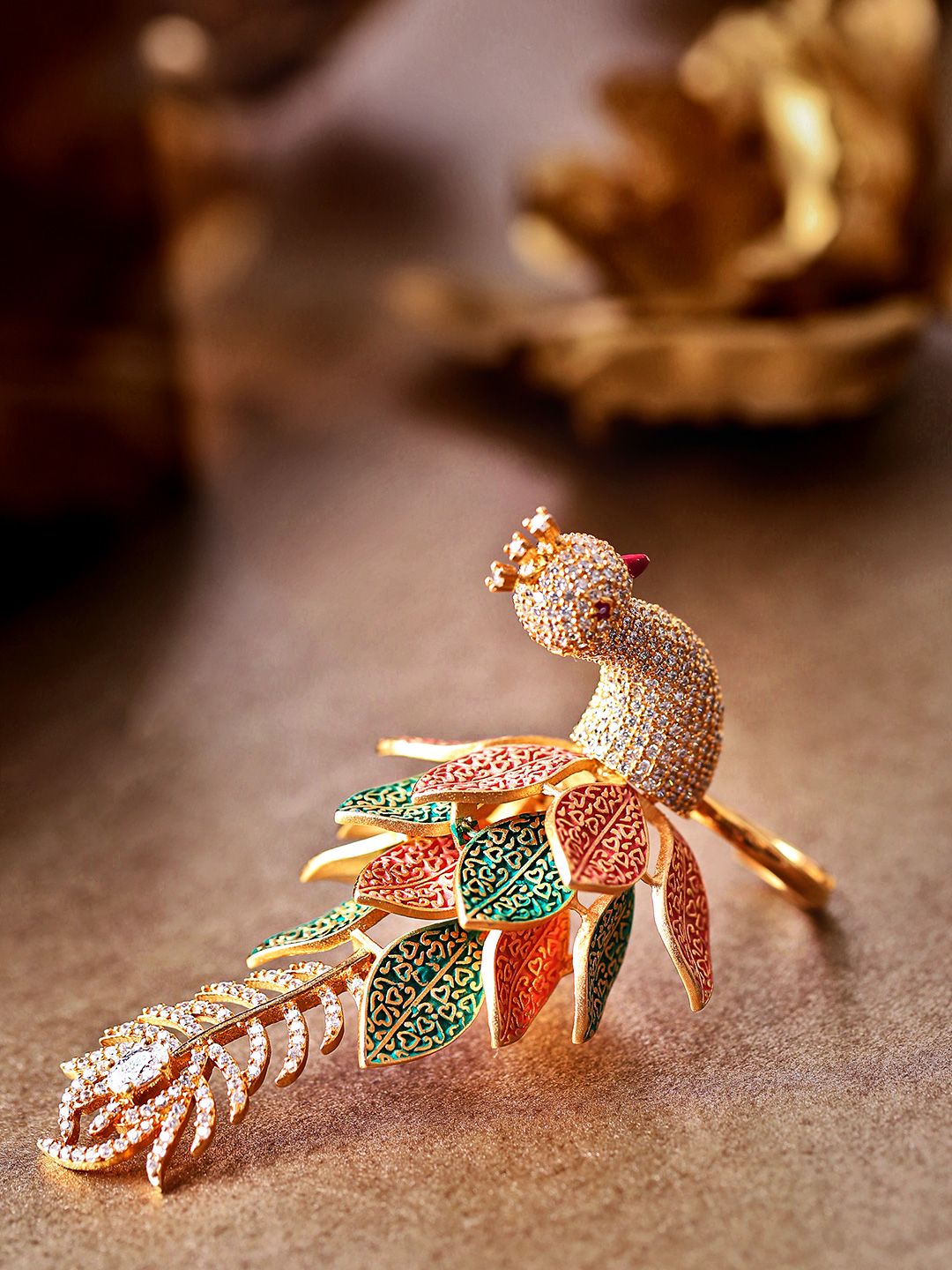 Priyaasi Pink Rose Gold-Plated AD Peacock Shaped Hand Painted Adjustable Finger Ring Price in India