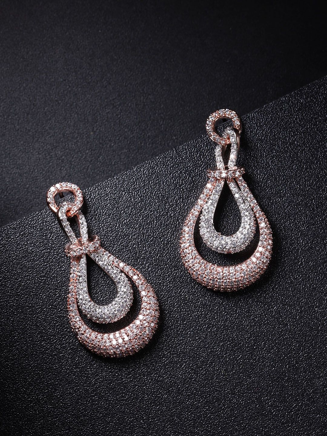 Priyaasi Rose Gold-Plated Stone Studded Handcrafted Teardrop Shaped Drop Earrings Price in India