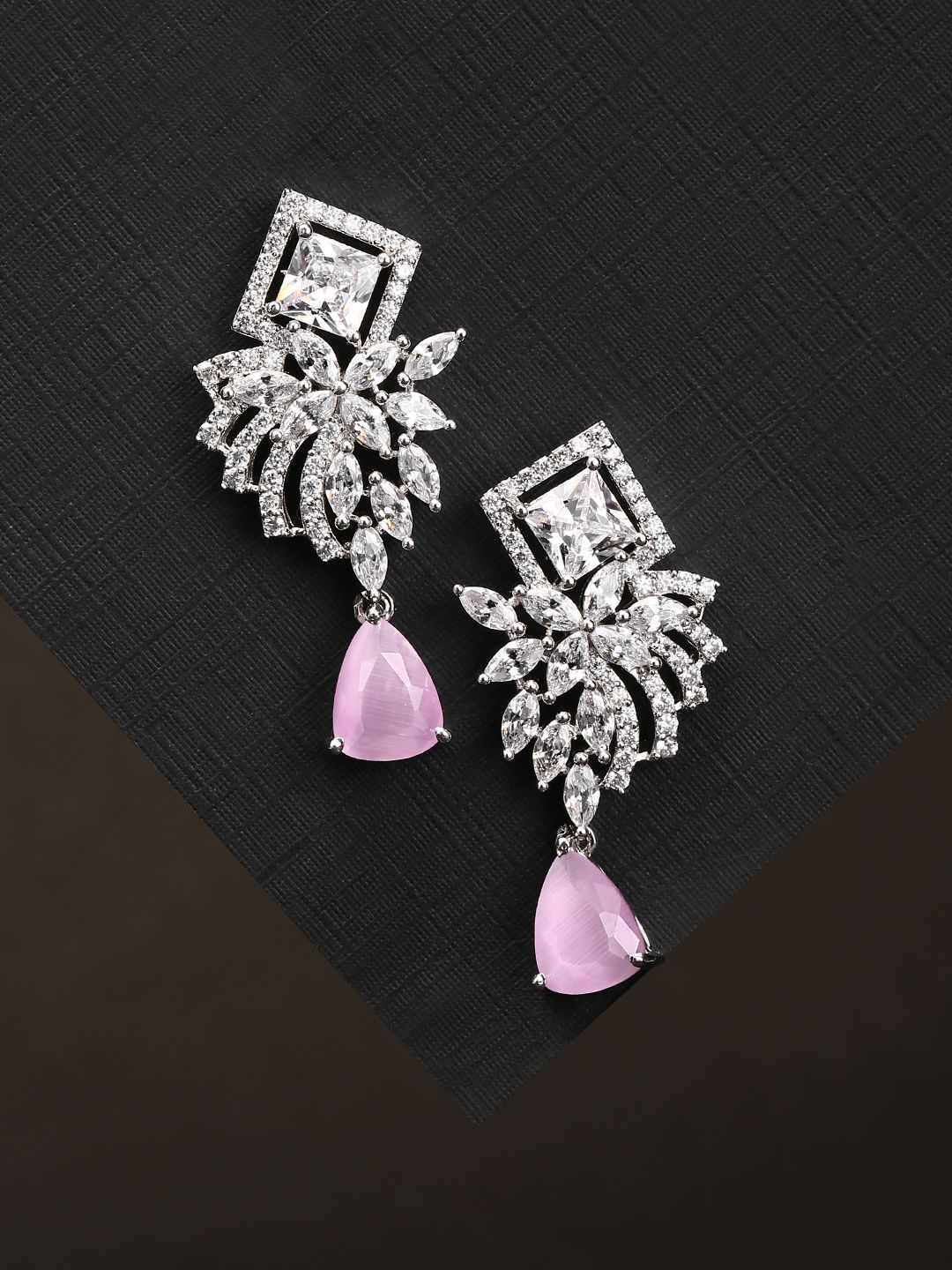 Priyaasi Pink Silver-Plated AD-Studded Handcrafted Geometric Drop Earrings Price in India