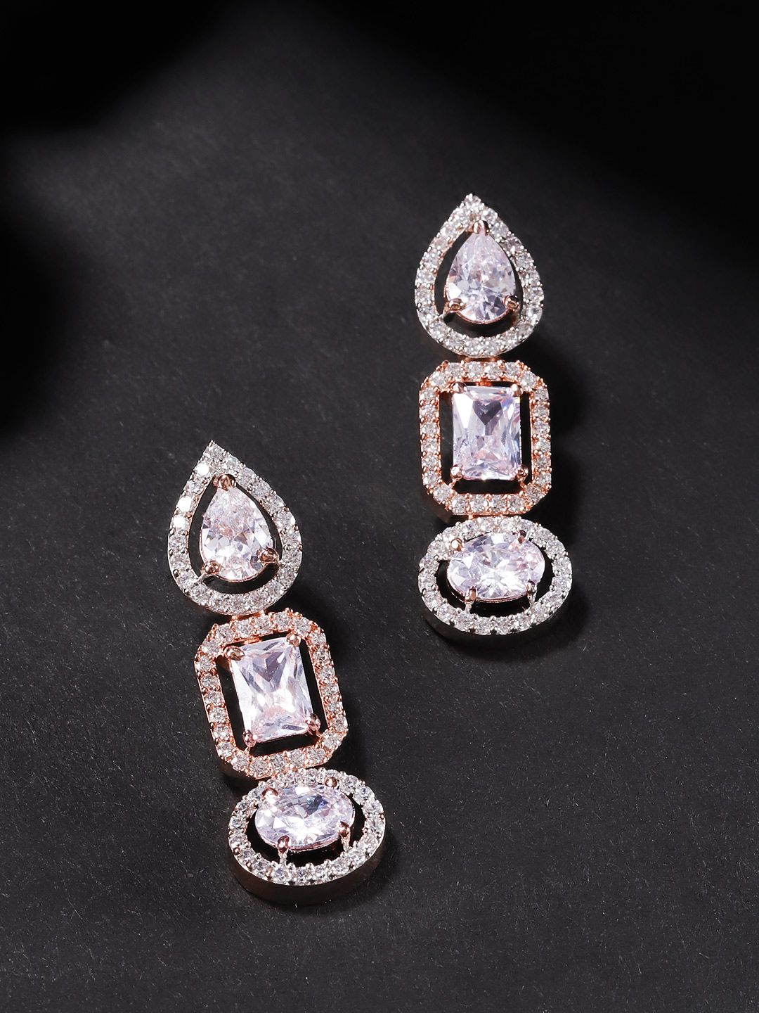 Priyaasi Rose Gold-Plated AD-Studded Handcrafted Geometric Drop Earrings Price in India
