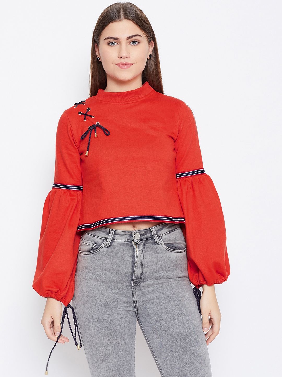 Alsace Lorraine Paris Women Coral Red Solid Cropped Sweatshirt Price in India