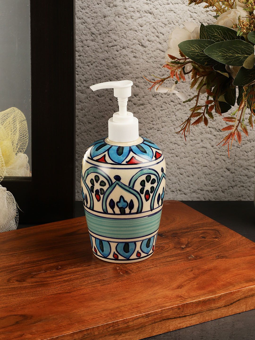 VarEesha Off-White & Blue Printed Ceramic Liquid Soap Dispenser Price in India