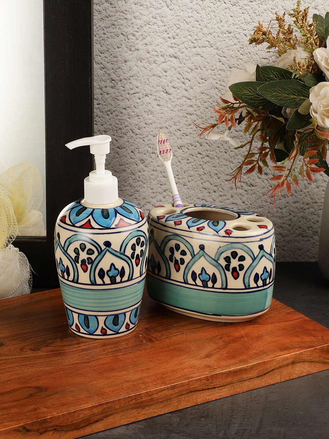 VarEesha Set of 2 Off-White & Blue Printed Ceramic Bath Accessories Price in India